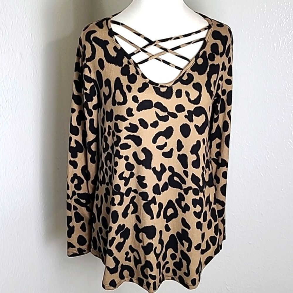 Heimish U.S.A. Leopard Print Top with Criss-Cross Neckline, Size Small